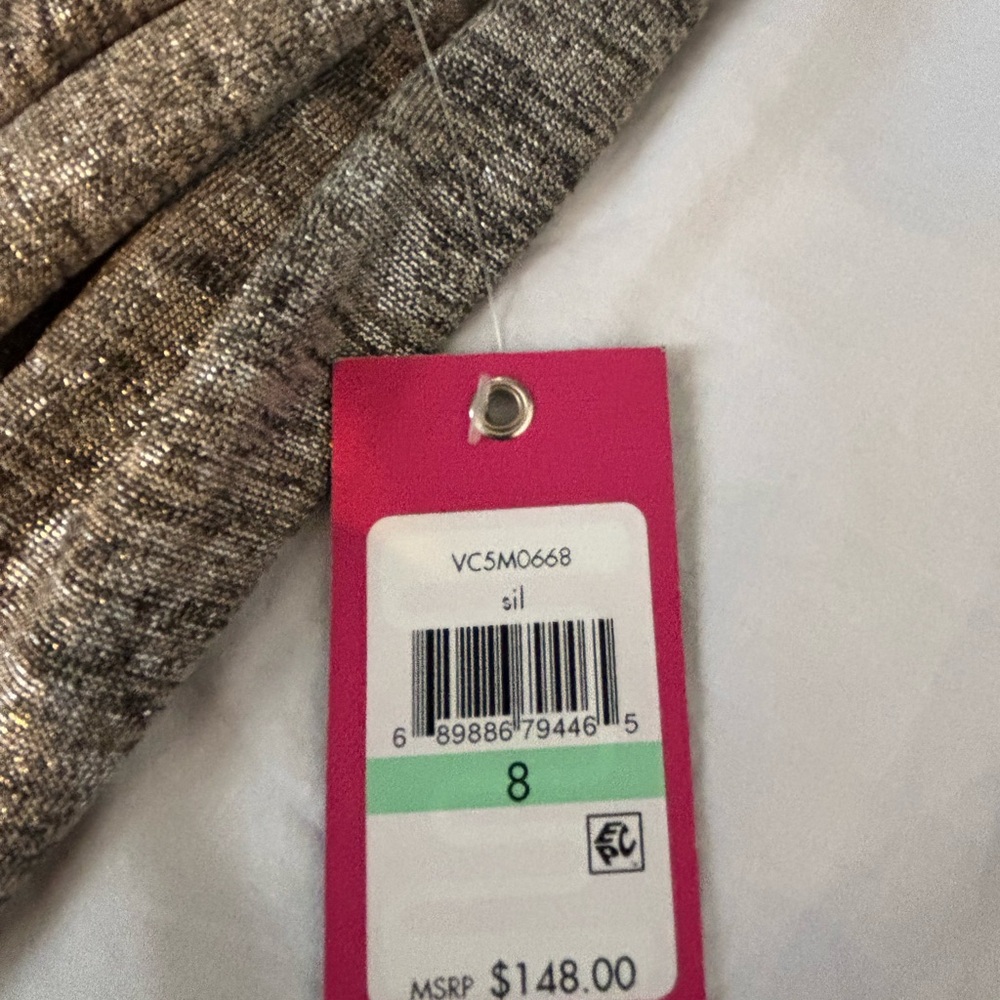 Vince Camuto Silver Metalic V-Neck w Gold Accents Knee Lenght Party Dress 8 NWT - Picture 5 of 6